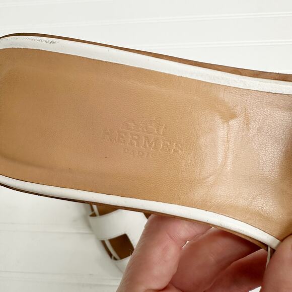 Hermès Oran Sandals White Leather H Cut Slides Flats 39 Designer Summer Shoes - Picture 5 of 8